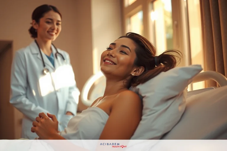 Two women in a hospital setting. One woman is lying down on a hospital bed, smiling, and appears to be receiving care from the other woman who stands beside her. The environment suggests a medical or healthcare context with professional attire worn by one of the individuals.