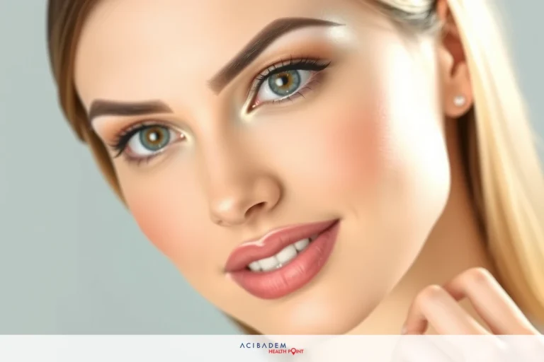 A young woman with makeup on her face, including eye shadow and lipstick. Her expression is neutral with a slight smile. She has blonde hair.