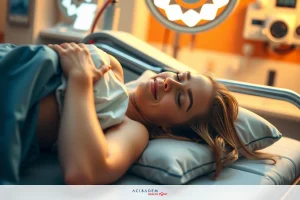 The image shows a woman lying in a hospital bed, smiling at the camera. She appears to be shirtless and has blonde hair. The environment suggests a medical setting with clinical lighting.