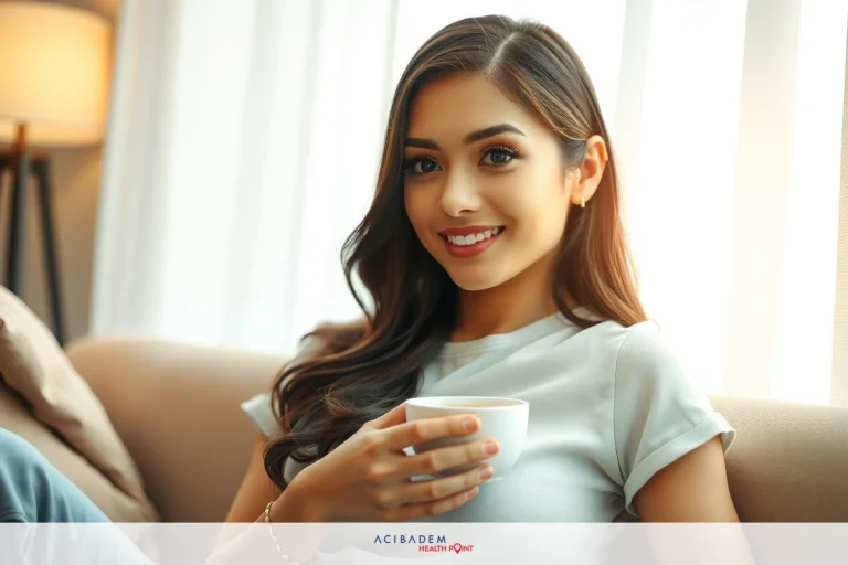 When Will My Nose Stop Swelling After Rhinoplasty Smiling woman with a cup of coffee. She's sitting on a couch, wearing a beige top and laughing. Her hair is long and dark, adding to the casual and relaxed atmosphere.