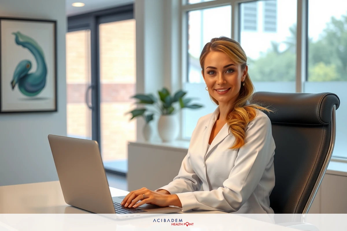 A professional woman in a white lab coat using a laptop, seated at an office desk with a plant and artwork in the background.