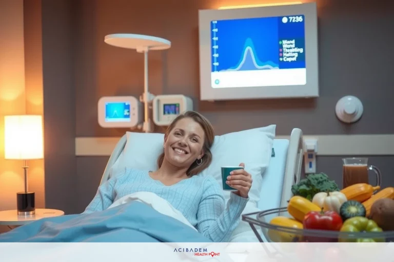 This image depicts a hospital room where a woman is lying in bed. She appears to be smiling and holding what looks like a cup of coffee. On the table next to her bed, there's a bowl containing some fruits and vegetables.