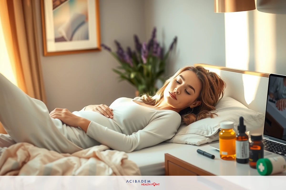 A woman lying in bed, resting her hand on her stomach. She is surrounded by a tranquil environment with soft lighting and soothing decor.