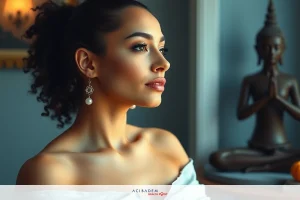 The image shows a woman in profile view against a warm-toned background. She has long, curly hair and is wearing a sleeveless top. The environment suggests an interior space with soft lighting.