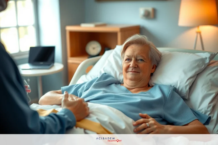 The image shows a patient in hospital bed being attended to by medical personnel. The patient appears to be an elderly woman, and she is smiling at the person assisting her. They are engaged in what seems to be a friendly interaction.