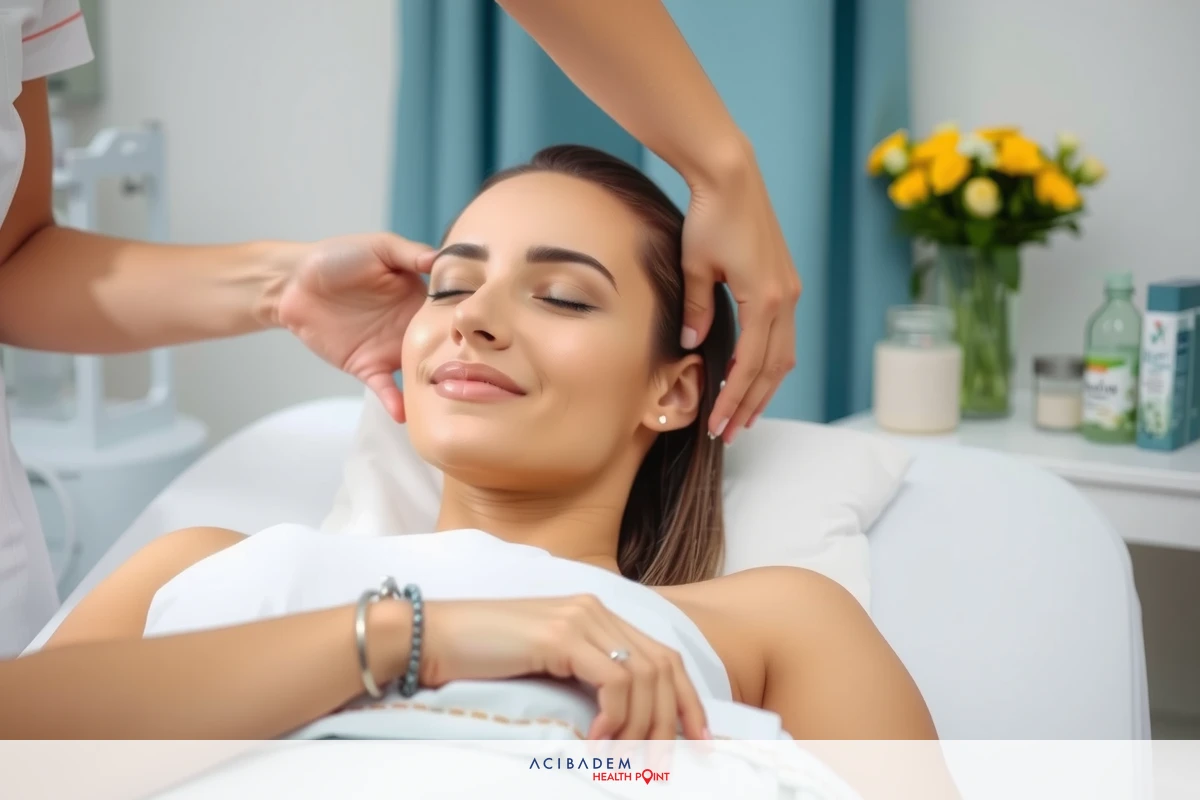 The image shows a woman receiving a facial massage or treatment. She is lying down, likely in a spa setting with a professional performing the service. There are flowers nearby adding to the relaxing ambiance. The focus is on her face and hands as she relaxes during the session.