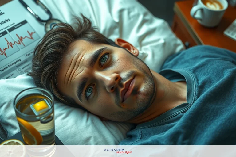 Man lying in bed with a glass of water and an orange wedge beside him. He has dark hair, blue eyes, and is looking towards the viewer with a contemplative expression.