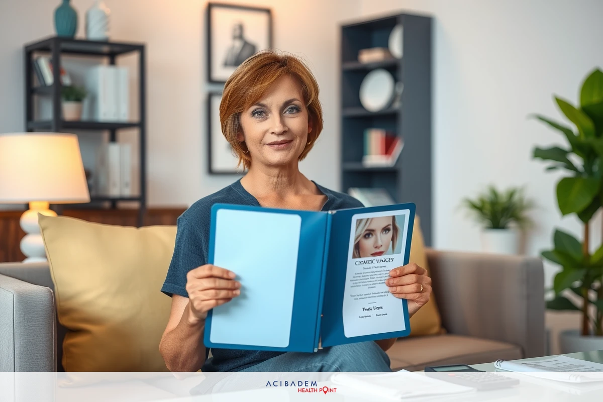 An older woman in a casual setting, holding two folders and sitting comfortably on a couch. She appears to be engaged with the contents of the folders.
