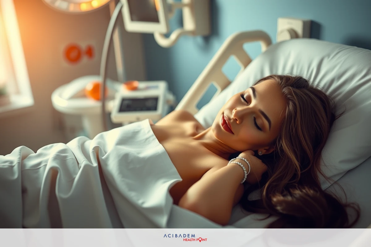 The picture shows a woman lying on her back in a hospital bed. She is wearing only white sheets, and she appears to be resting or possibly waiting for medical attention. The room has clinical equipment such as a monitor next to the bed. It's an indoor setting with artificial lighting that creates a calm atmosphere.