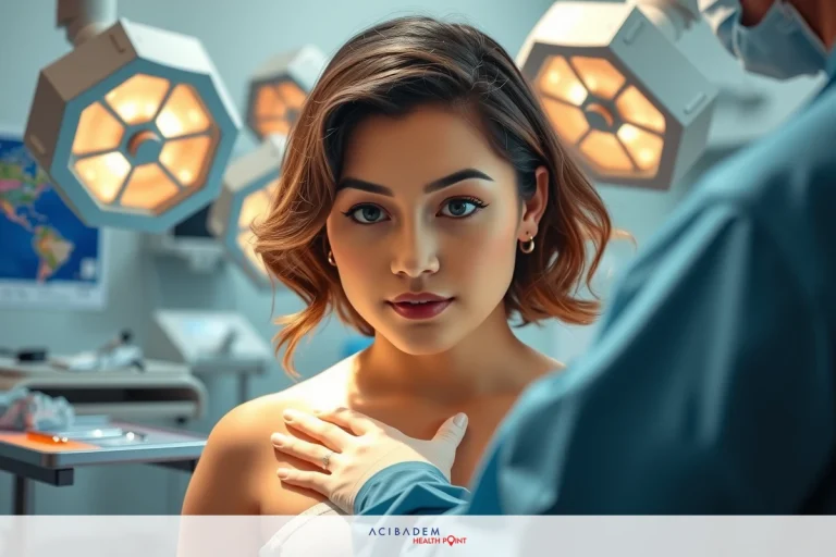 BBL Surgery Sacramento CA In the image, a young woman is seated at a medical table in what appears to be an operating room. She is wearing a short-sleeved shirt and her body language suggests she may be receiving medical attention or preparing for a procedure.