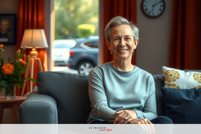 After BBL Surgery When Can I Drive? The image shows a smiling older woman seated on a gray couch, wearing a light-colored top. Behind her is a comfortable home environment featuring a lamp and framed pictures on the wall.