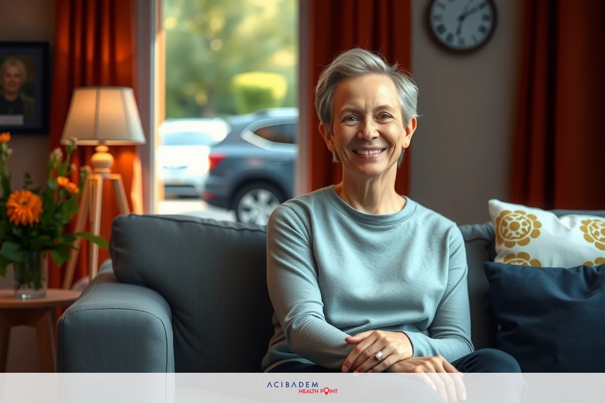 The image shows a smiling older woman seated on a gray couch, wearing a light-colored top. Behind her is a comfortable home environment featuring a lamp and framed pictures on the wall.