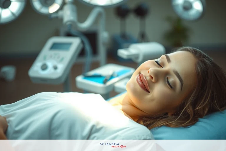 The image features a woman lying down on what appears to be a hospital bed. She is smiling, possibly indicating she's in good spirits or responding well to the medical treatment or procedure she is receiving.