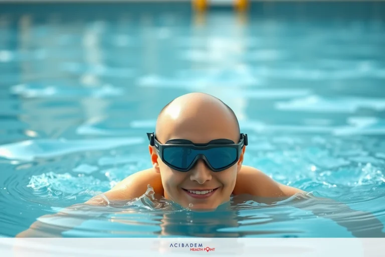 Can You Swim After LASIK Eye Surgery? The image shows a person smiling while swimming in an outdoor pool. The individual is wearing goggles, and the water appears to be calm.