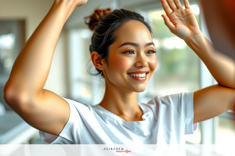 When Can You Lift Weights After Rhinoplasty A woman in a gym, wearing athletic clothing, smiling and holding her arm out for a handstand. The background shows an exercise equipment area.