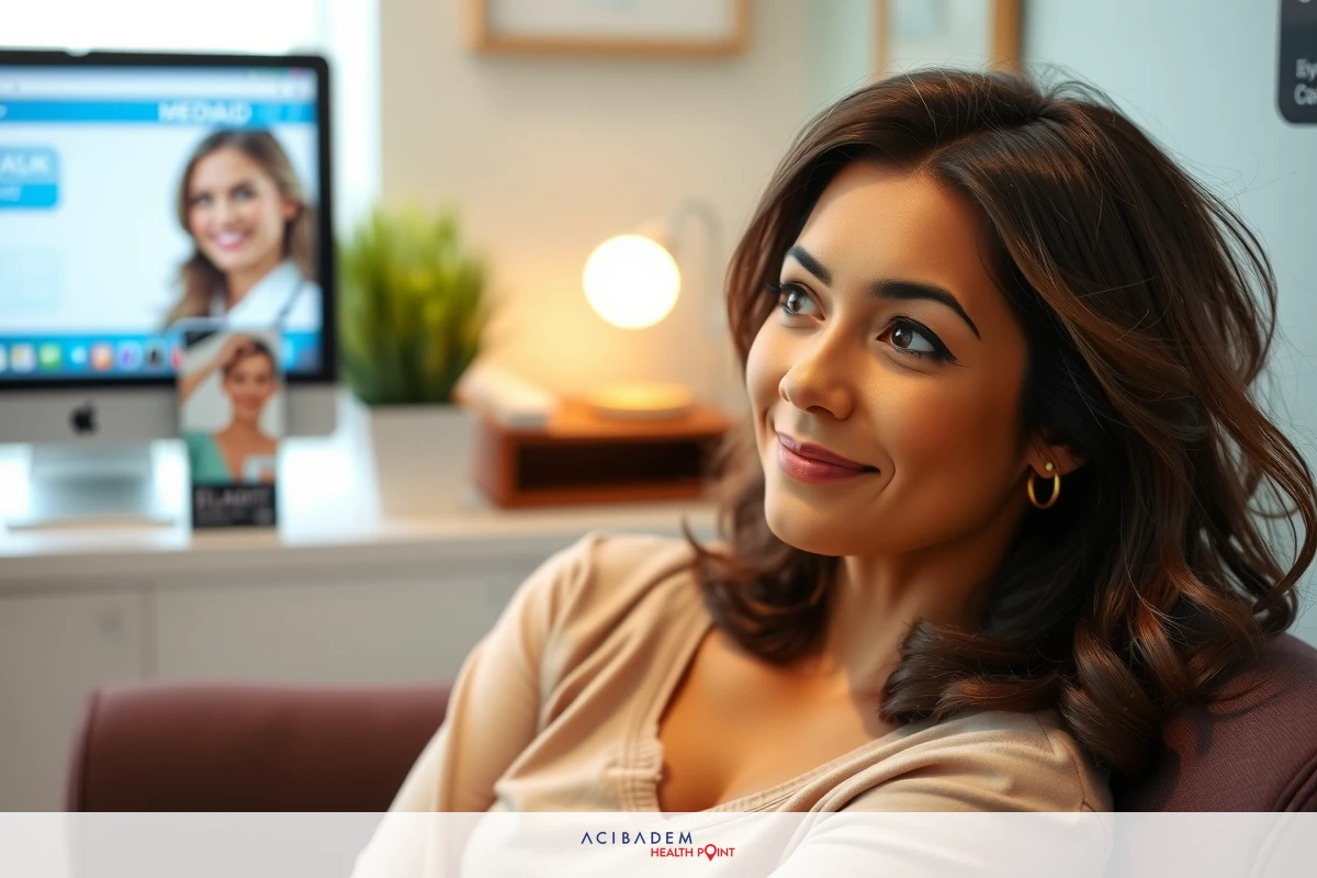 The image features a woman in a professional setting, sitting at her desk with a laptop and monitor in front of her. The woman is smiling slightly and appears relaxed.