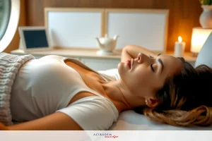 The image shows a woman in a tranquil setting, lying on her stomach. She appears relaxed and might be enjoying some leisure time or resting. The environment is softly lit with warm tones, contributing to the serene atmosphere.