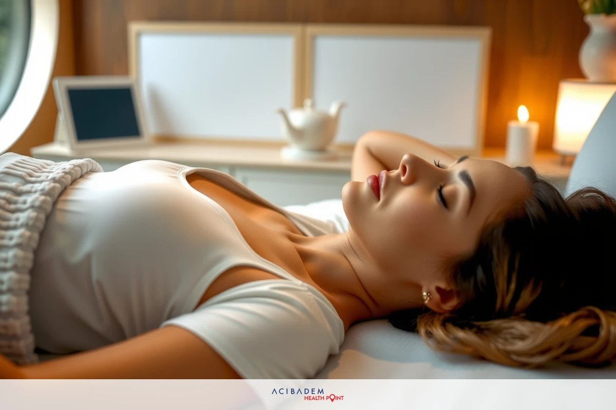 The image shows a woman in a tranquil setting, lying on her stomach. She appears relaxed and might be enjoying some leisure time or resting. The environment is softly lit with warm tones, contributing to the serene atmosphere.