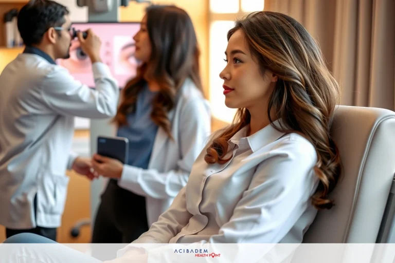 The image shows a medical office setting where a woman is seated in a chair, appearing to be examined by a doctors.