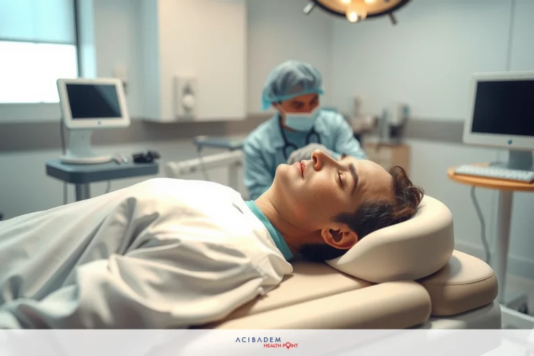 The image features a lasik eye surgery scene where a patient is being prepped for an operation. The patient is wearing a white medical gown.