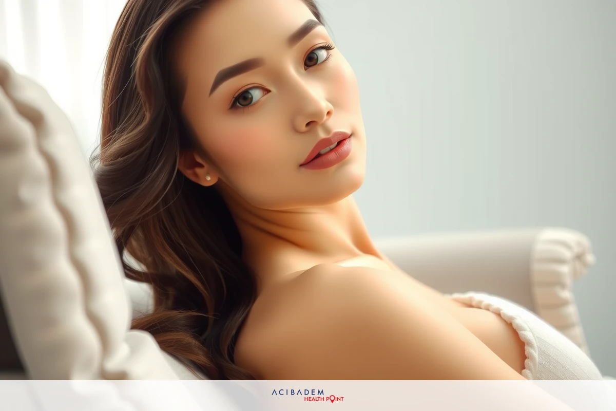 The image is a portrait of a young woman with a soft and elegant expression. Her hair, parted in the middle, adds to her poised demeanor. She is seated against a beige background which contrasts subtly with her skin tone.