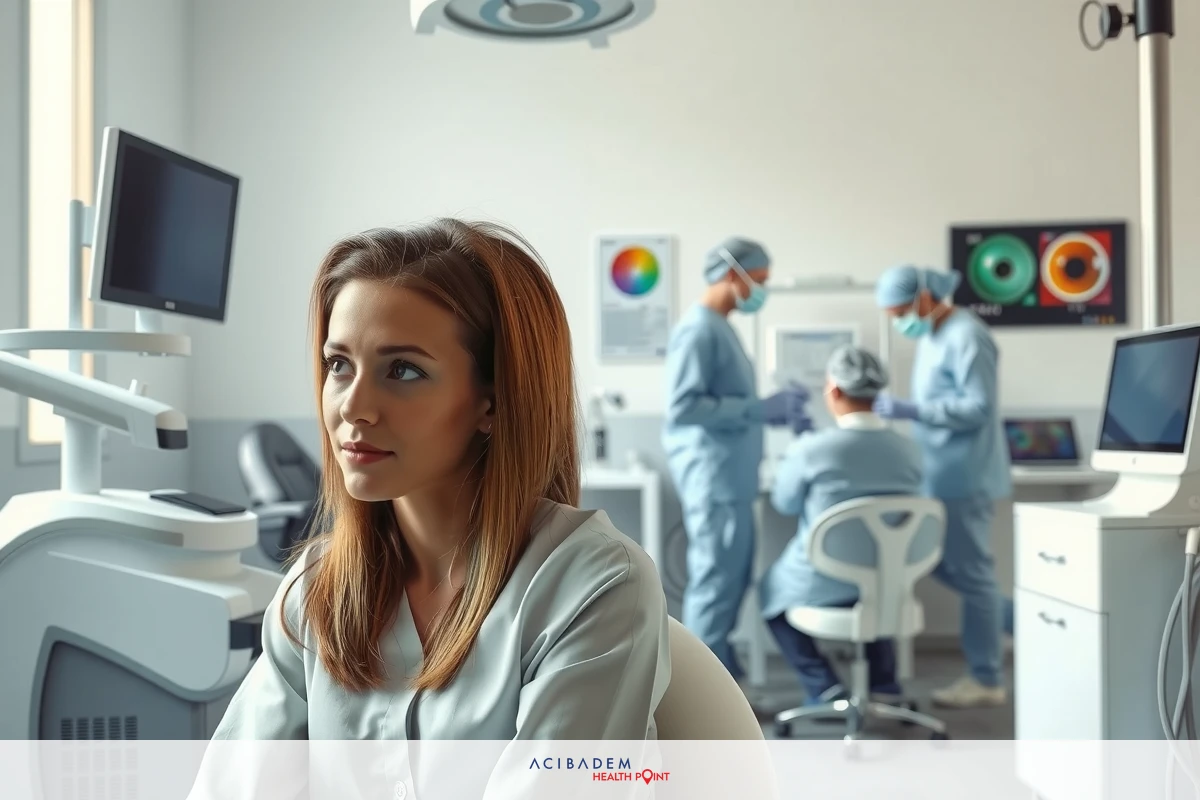The image depicts a medical setting, specifically what appears to be an operating or procedure room. In the foreground, there is a female doctor dressed in a white gown looking towards the camera with a focused expression.