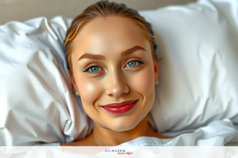Can I Climb Stairs After Rhinoplasty? A woman lying on a bed, smiling at the camera with a bright red lipstick. She has light-colored hair and is wearing a necklace. The pillow she's propped up on is white.