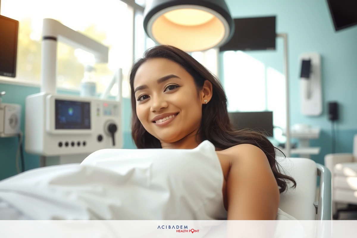 The image shows a woman in a hospital setting, likely during a medical check-up or examination. She lifted her head on her back, looking at the camera with a smile on her face. The environment includes hospital furniture and equipment typical of a healthcare facility.