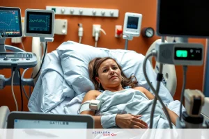 The image shows a hospital setting with a woman lying in bed. The environment includes medical equipment and technology, such as monitors and electronic devices.