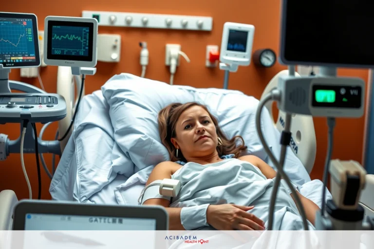 BBL Surgery North Carolina The image shows a hospital setting with a woman lying in bed. The environment includes medical equipment and technology, such as monitors and electronic devices.