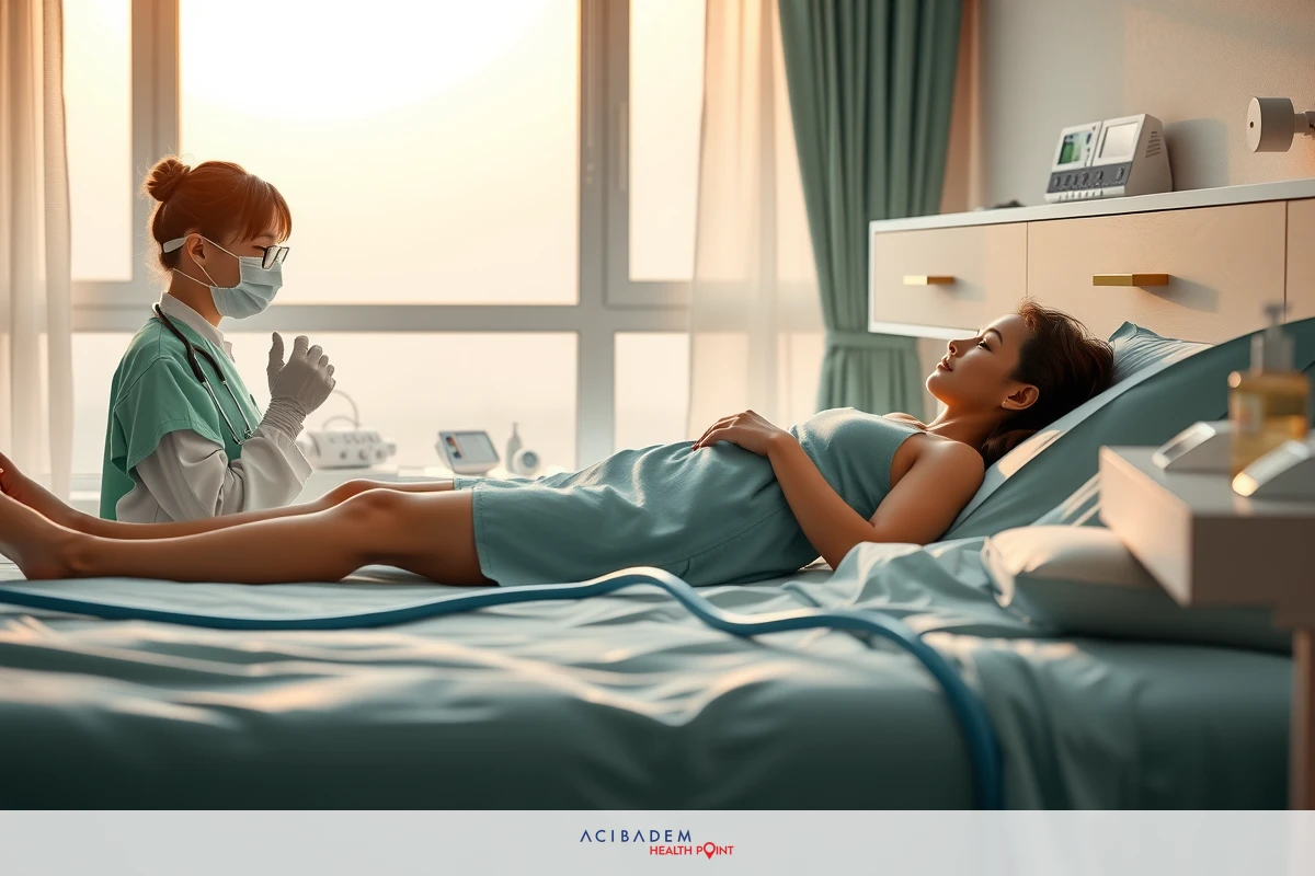 Medical professional doctor, attentively care for a patient lying in hospital bed. The scene suggests a professional healthcare setting during daytime with natural light.