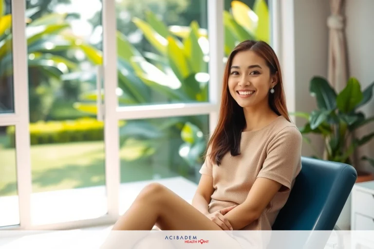 BBL Surgery Cost in Philippines The image is a professional woman sitting in an office setting. She has dark hair, is wearing a light beige or cream blouse with a high neckline, and is smiling at the camera. The office appears modern and well-lit, possibly with natural light coming through windows out of frame. There are potted plants and a contemporary chair visible in the background. Her posture is relaxed yet poised, indicating a comfortable and professional atmosphere.