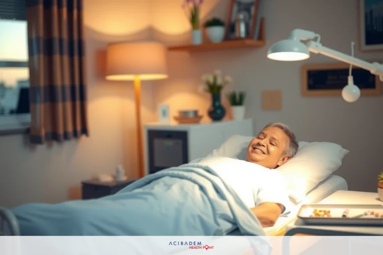 The image portrays a smiling elderly person lying in a hospital bed. The individual is comfortably settled with the head resting on a pillow, appearing relaxed and content. The room has warm lighting that suggests it could be early morning or late evening. On the wall behind the bed, there's a framed picture or certificate.