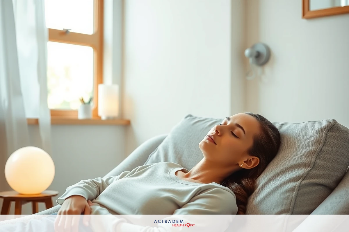 A woman sleeping peacefully on her back. She is laying down with her head comfortably resting on a pillow, wearing a grey top. The room has soft lighting and a cozy atmosphere, indicating relaxation.