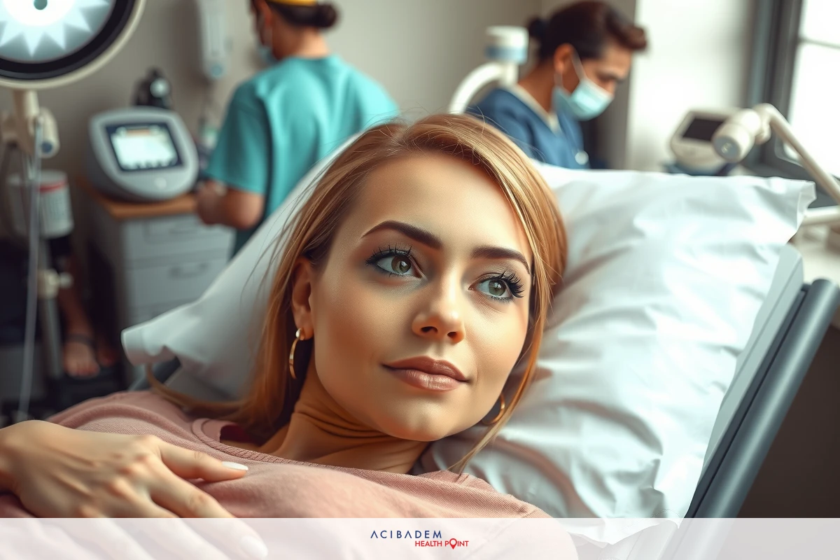 The image depicts a woman lying in a hospital bed, wearing light pink clothing. She has short blonde hair and looks to her left with a gentle expression. The setting appears to be a modern healthcare facility with medical staff present, suggesting she may be receiving medical attention or care.