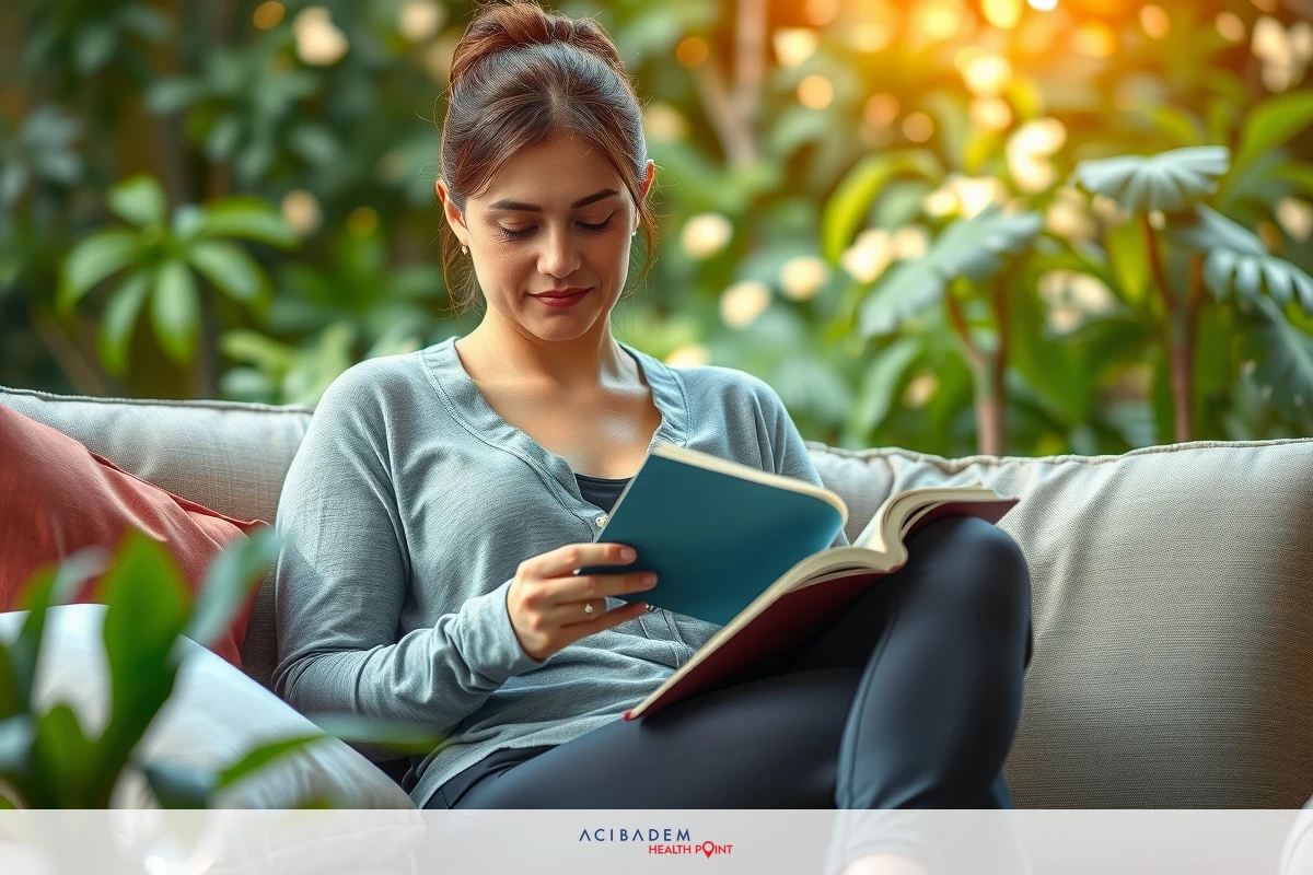Woman comfortably sitting on couch reading a book, smiling and relaxed. She is wearing casual attire and enjoys the warm indoor environment.