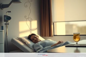 An image of a person lying in a hospital bed with the sun coming through a window. The patient is smiling and has various medical equipment around them.