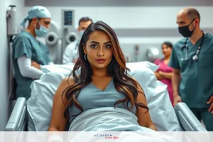 The image is a staged photograph featuring a woman lying in a hospital bed. She appears to be resting or waiting, with a neutral expression on her face. Medical personnel, including doctors and nurses, are present around her bed, indicating a medical environment.