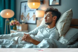 The image depicts a young man in bed, with his hands clasped together. He appears to be deep in thought or possibly concerned about something. The room has a modern and cozy ambiance with minimalist decor.