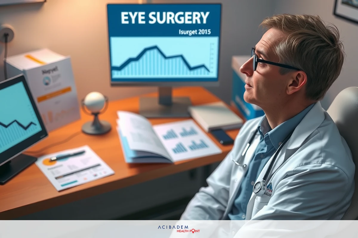 The image features a male ophthalmologist looking at a computer screen displaying eye care statistics. He is seated at a desk with a laptop, books, and papers. The focus is on his professional attire consisting of glasses, white coat, and stethoscope around his neck.