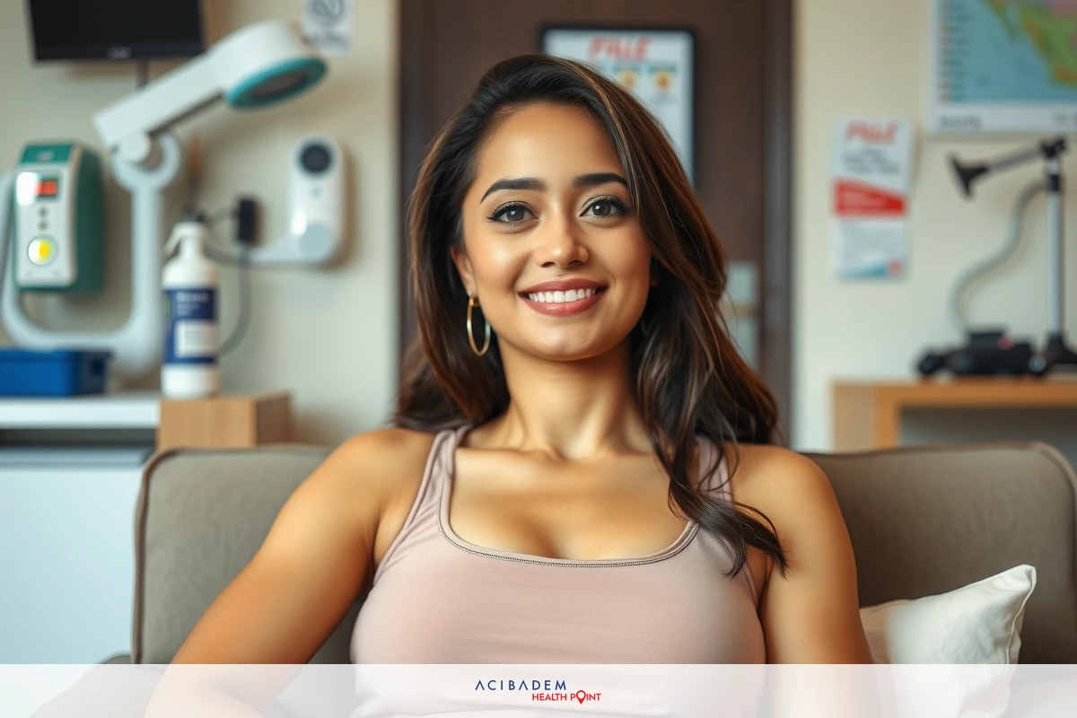 A woman is sitting on a couch in what appears to be an office or clinical setting. She is wearing a sleeveless top and smiling at the camera, looking relaxed and friendly.