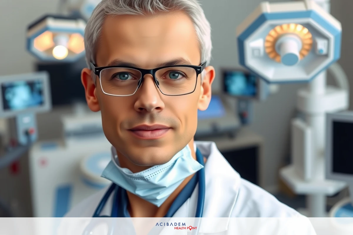 Man in medical lab, wearing surgical mask and glasses. Surrounded by medical equipment including ventilator and monitors.