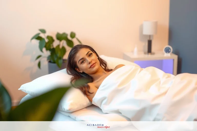 The image shows a young woman lying down in bed. She is smiling and appears to be relaxed or perhaps posing for the photograph. The room has a modern design with white walls and a sleek, contemporary bed.
