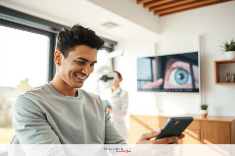 The image shows a man sitting at a desk in an office environment. He is smiling and looking at his smartphone which he holds in his hands. In the background, there's a TV screen displaying a close-up of an eye with eyelashes, possibly indicating some form of medical or health-related content being shown. The room has modern decor with a neutral color palette.