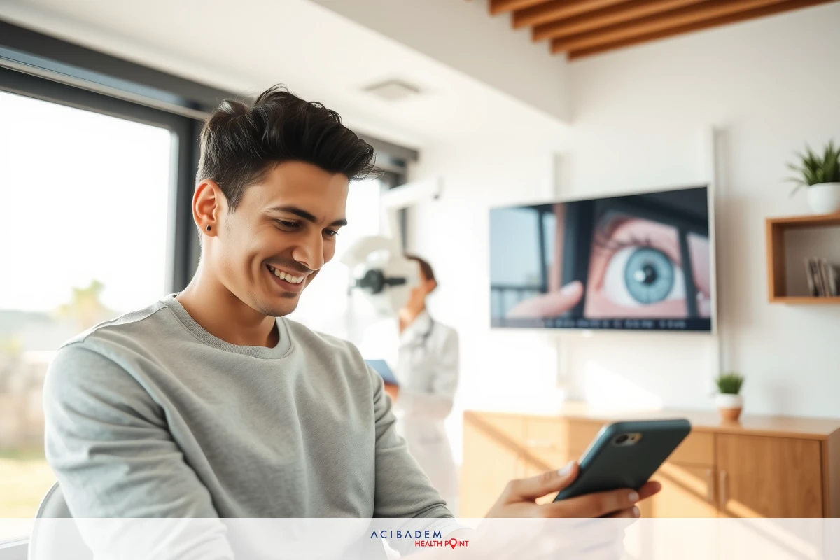 The image shows a man sitting at a desk in an office environment. He is smiling and looking at his smartphone which he holds in his hands. In the background, there's a TV screen displaying a close-up of an eye with eyelashes, possibly indicating some form of medical or health-related content being shown. The room has modern decor with a neutral color palette.
