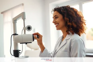 The image features a woman in a white lab coat, holding an ophthalmic device with her left hand. The device appears to be an optical coherence tomography (OCT) machine used for eye examination. She is smiling and looking towards the camera. In the background, there are blurred out windows that suggest this scene might take place in a medical office or clinic.