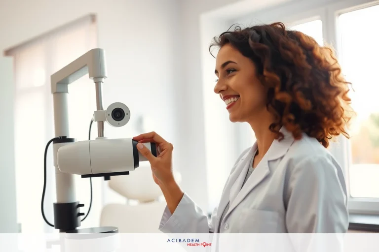 How Much Is LASIK Eye Surgery for Both Eyes? The image features a woman in a white lab coat, holding an ophthalmic device with her left hand. The device appears to be an optical coherence tomography (OCT) machine used for eye examination. She is smiling and looking towards the camera. In the background, there are blurred out windows that suggest this scene might take place in a medical office or clinic.