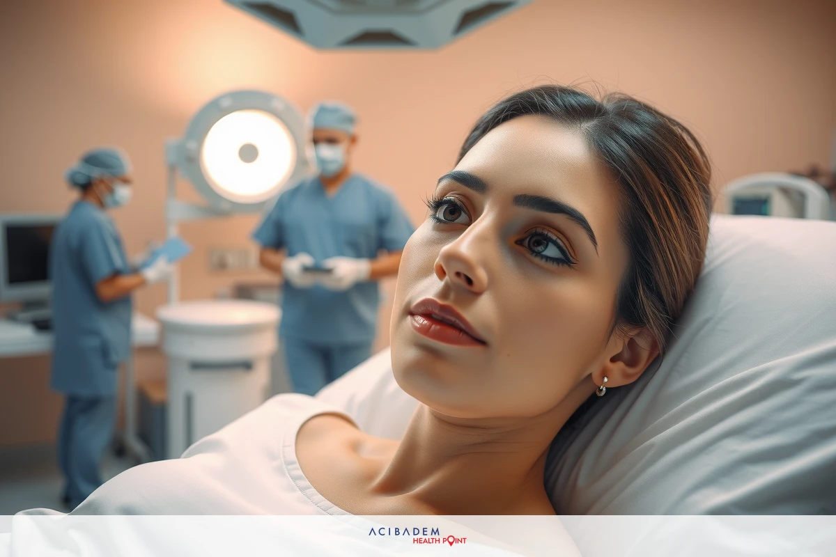 The image is set in a modern hospital setting. A woman lies on her back, looking upwards, possibly after surgery or before an operation. Medical staff surround her with medical equipment indicating their role as healthcare professionals.
