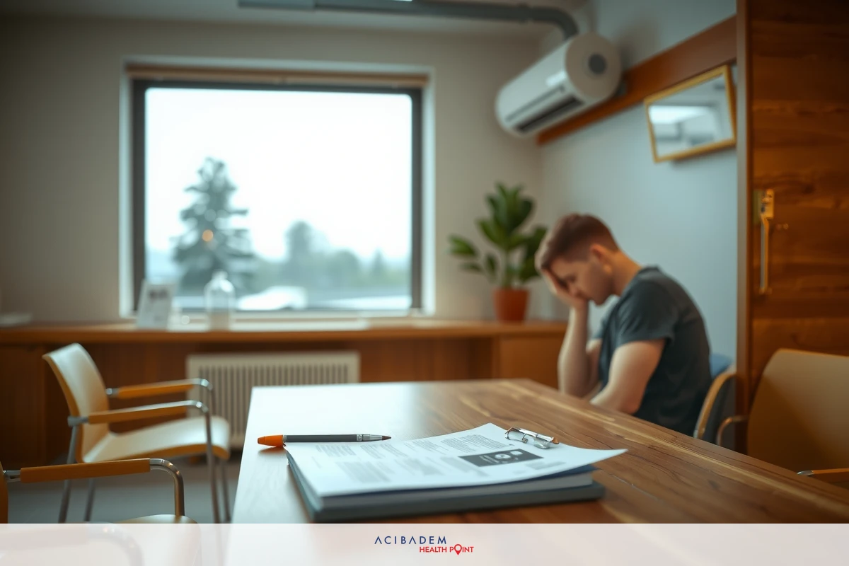 A man in an office cubicle is sitting at a desk with his head on his hand, appearing to be resting or possibly feeling overwhelmed. The office environment includes wood-paneled walls, blurred out office equipment, and natural light filtering through the window.