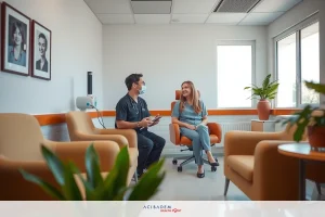 An image of a modern interior with two people, possibly medical professionals, seated in an office setting. The office is well lit with natural light and has contemporary furniture.